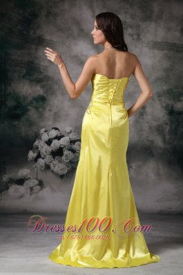 Mermaid Yellow Evening Dress Taffeta Beading Brush Train