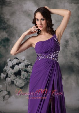 Side Slit Purple One Shoulder Prom Dress Chiffon Beading