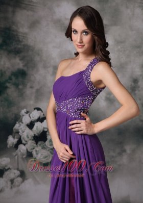 Side Slit Purple One Shoulder Prom Dress Chiffon Beading