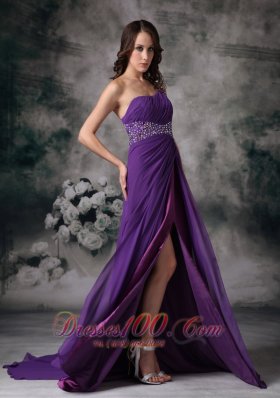 Side Slit Purple One Shoulder Prom Dress Chiffon Beading