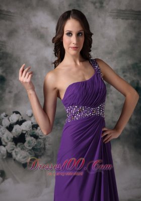 Side Slit Purple One Shoulder Prom Dress Chiffon Beading