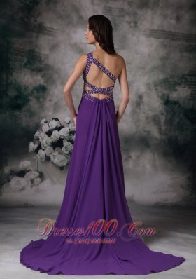 Side Slit Purple One Shoulder Prom Dress Chiffon Beading