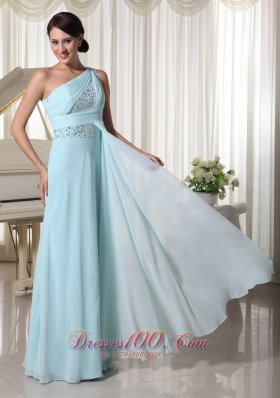 One Shoulder Chiffon Beaded Maxi Dress Light Blue