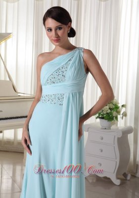 One Shoulder Chiffon Beaded Maxi Dress Light Blue