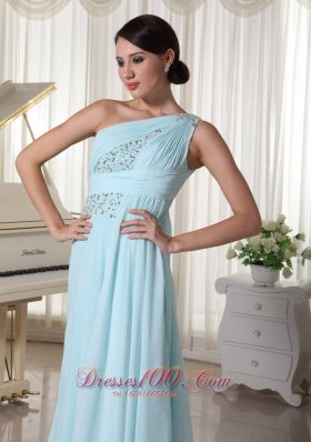 One Shoulder Chiffon Beaded Maxi Dress Light Blue