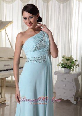 One Shoulder Chiffon Beaded Maxi Dress Light Blue