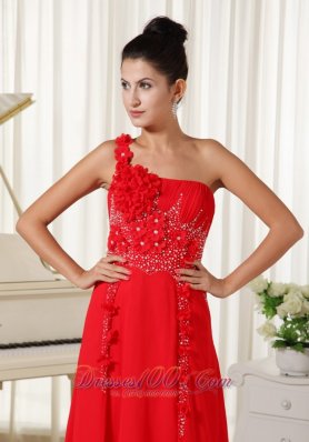 Floral One Shoulder Red Chiffon Evening Dress Beading