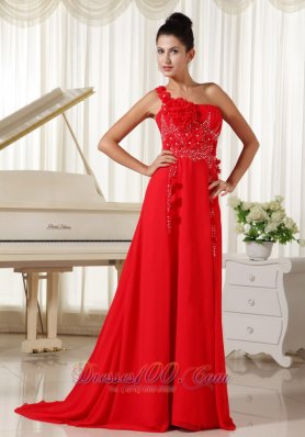 Floral One Shoulder Red Chiffon Evening Dress Beading