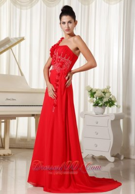 Floral One Shoulder Red Chiffon Evening Dress Beading