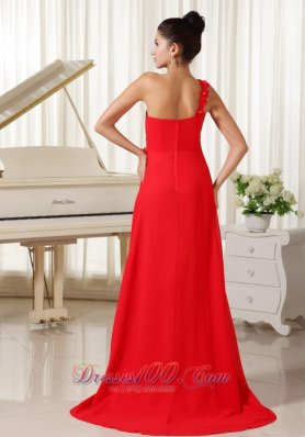 Floral One Shoulder Red Chiffon Evening Dress Beading