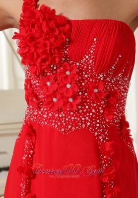 Floral One Shoulder Red Chiffon Evening Dress Beading