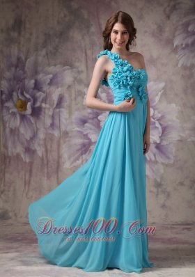 Hand Made Flowers One Shoulder Aqua Blue Prom Dress