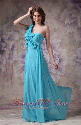 Hand Made Flowers One Shoulder Aqua Blue Prom Dress