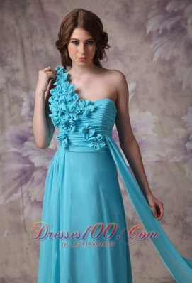 Hand Made Flowers One Shoulder Aqua Blue Prom Dress