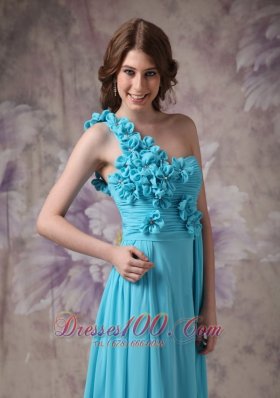 Hand Made Flowers One Shoulder Aqua Blue Prom Dress