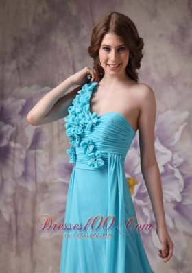 Hand Made Flowers One Shoulder Aqua Blue Prom Dress