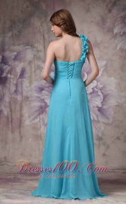 Hand Made Flowers One Shoulder Aqua Blue Prom Dress