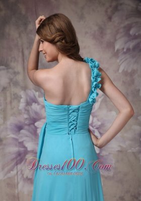 Hand Made Flowers One Shoulder Aqua Blue Prom Dress