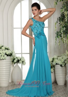 Blue Hand Made Flowers One Shoulder Prom Gowns