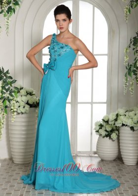 Blue Hand Made Flowers One Shoulder Prom Gowns