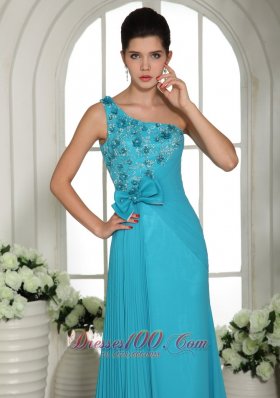 Blue Hand Made Flowers One Shoulder Prom Gowns