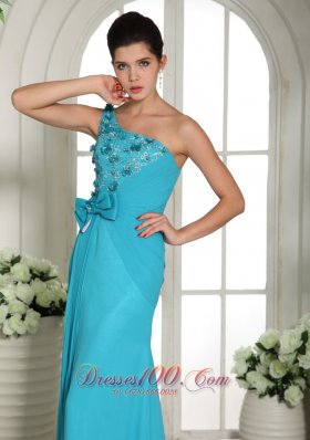 Blue Hand Made Flowers One Shoulder Prom Gowns