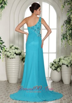 Blue Hand Made Flowers One Shoulder Prom Gowns