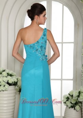 Blue Hand Made Flowers One Shoulder Prom Gowns