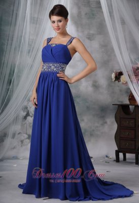 Beading Straps Royal Blue Chiffon Prom Evening Dress