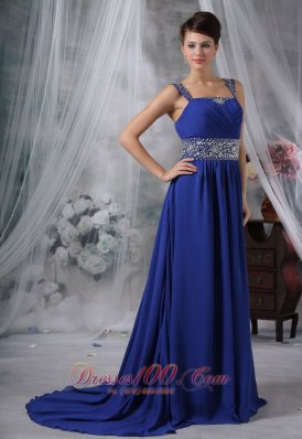 Beading Straps Royal Blue Chiffon Prom Evening Dress