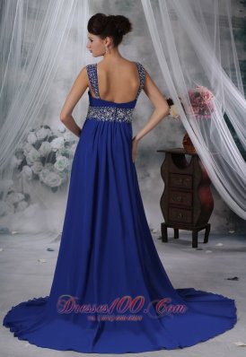 Beading Straps Royal Blue Chiffon Prom Evening Dress