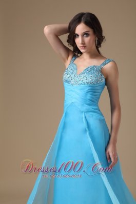 Aqua Blue Beading Straps Celebrity Prom Dress