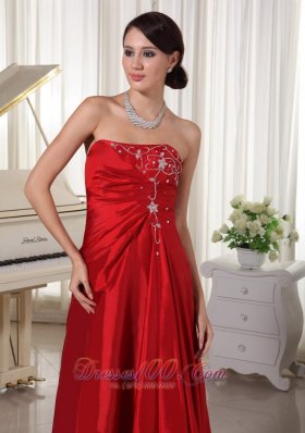 Wine Red Prom Evening Dress Embroidery Taffeta