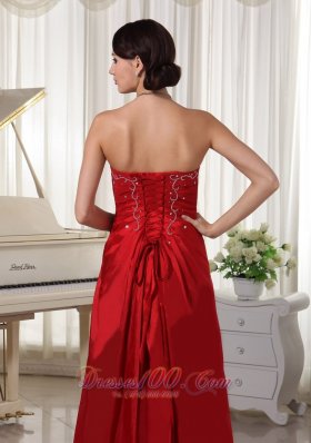 Wine Red Prom Evening Dress Embroidery Taffeta