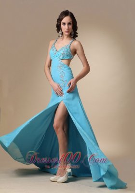 High Slit Aqua Blue Spaghetti Straps Chiffon Prom Dress