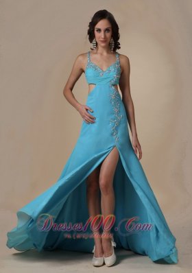 High Slit Aqua Blue Spaghetti Straps Chiffon Prom Dress