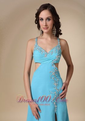 High Slit Aqua Blue Spaghetti Straps Chiffon Prom Dress