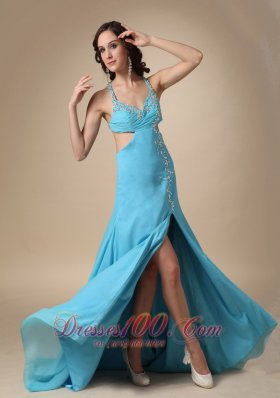 High Slit Aqua Blue Spaghetti Straps Chiffon Prom Dress