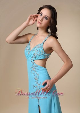 High Slit Aqua Blue Spaghetti Straps Chiffon Prom Dress