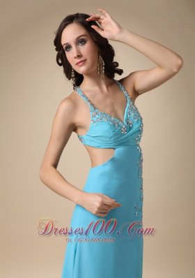 High Slit Aqua Blue Spaghetti Straps Chiffon Prom Dress