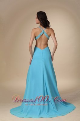 High Slit Aqua Blue Spaghetti Straps Chiffon Prom Dress