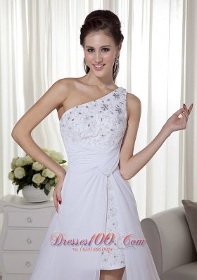 High-low One Shoulder White Chiffon Beading Prom Pageant Dress