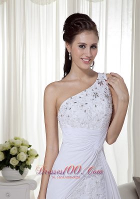 High-low One Shoulder White Chiffon Beading Prom Pageant Dress