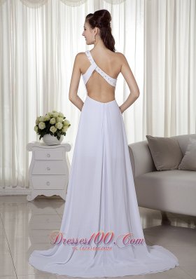 High-low One Shoulder White Chiffon Beading Prom Pageant Dress