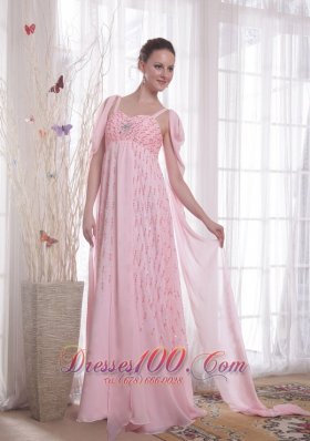 Watteau Train Pink Chiffon Sequined Prom Evening Dress