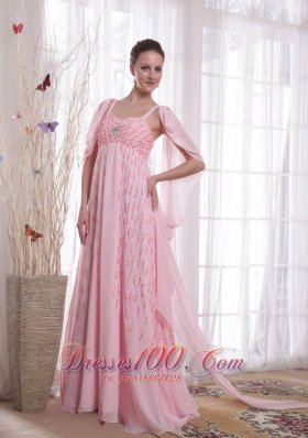 Watteau Train Pink Chiffon Sequined Prom Evening Dress