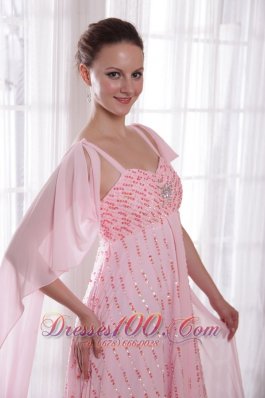 Watteau Train Pink Chiffon Sequined Prom Evening Dress