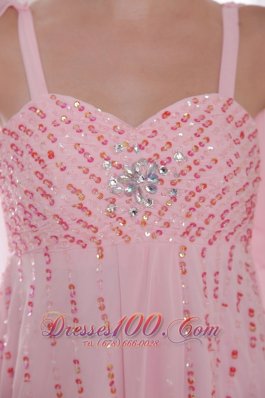 Watteau Train Pink Chiffon Sequined Prom Evening Dress