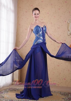 Sequined Royal Blue Chiffon Prom Evening Party Dress