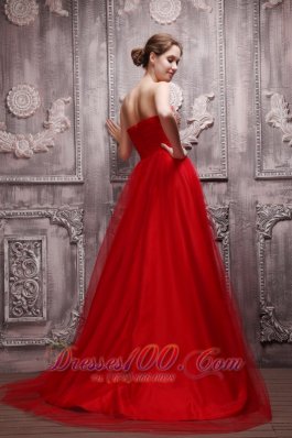 Blood Red Brush Train Net Beading Prom Pageant Dress